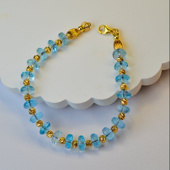 Aquamarine Bracelet  6.5" Gold Filled High Quality Rondelle Beaded Bracelet - Picture 8 of 8
